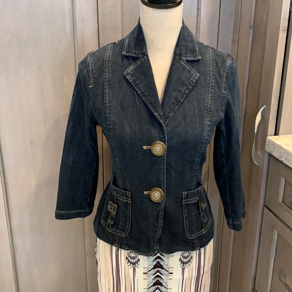 Women's Dark Denim Blazer Jacket with Decorative Buttons